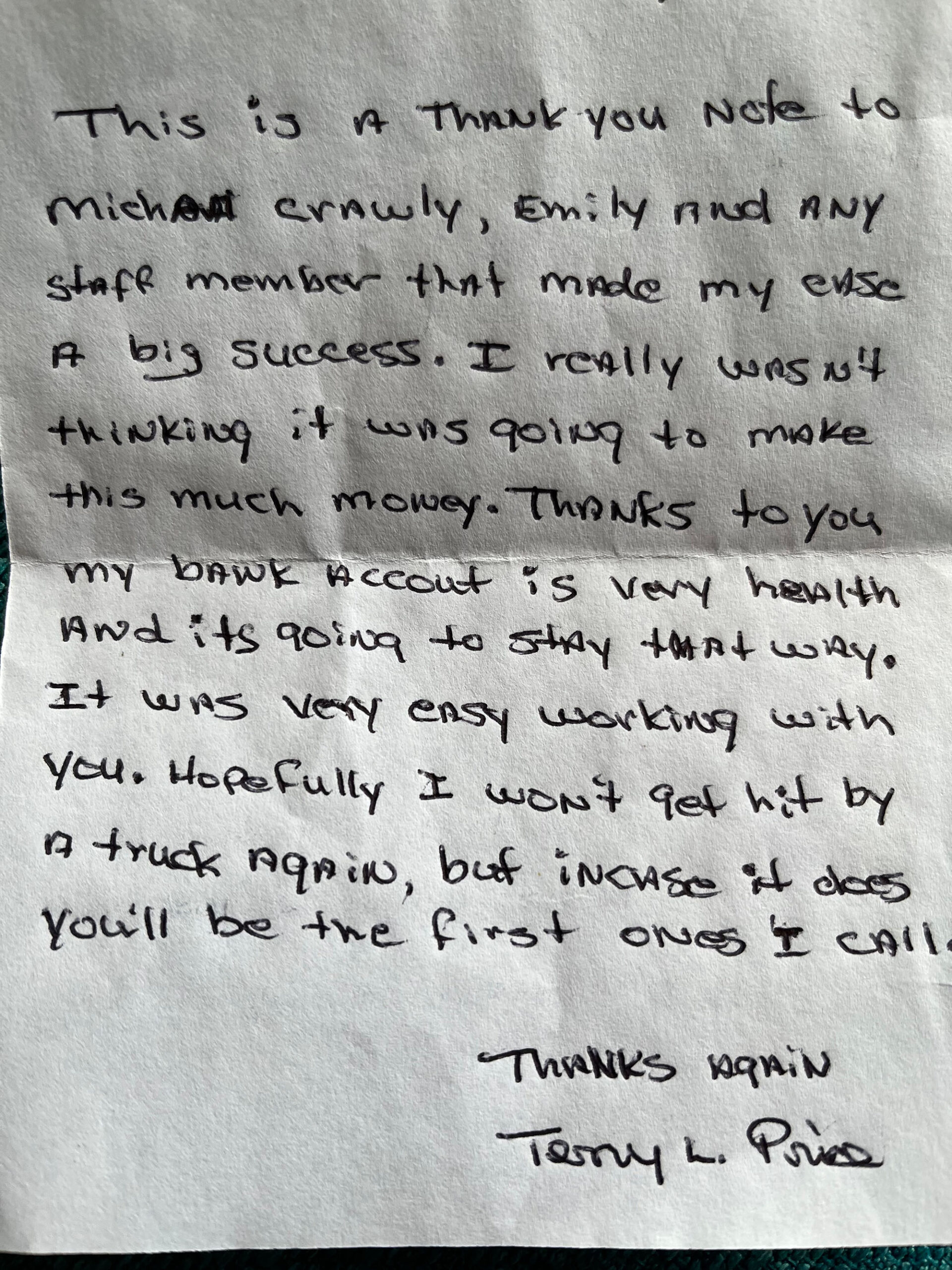 A hand-written thank-you note
